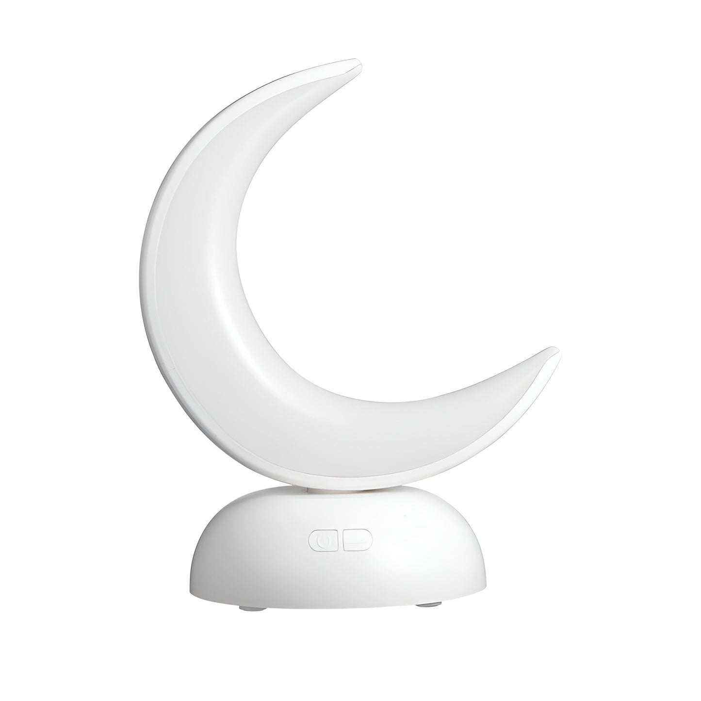White crescent moon-shaped night light with rounded base on white background