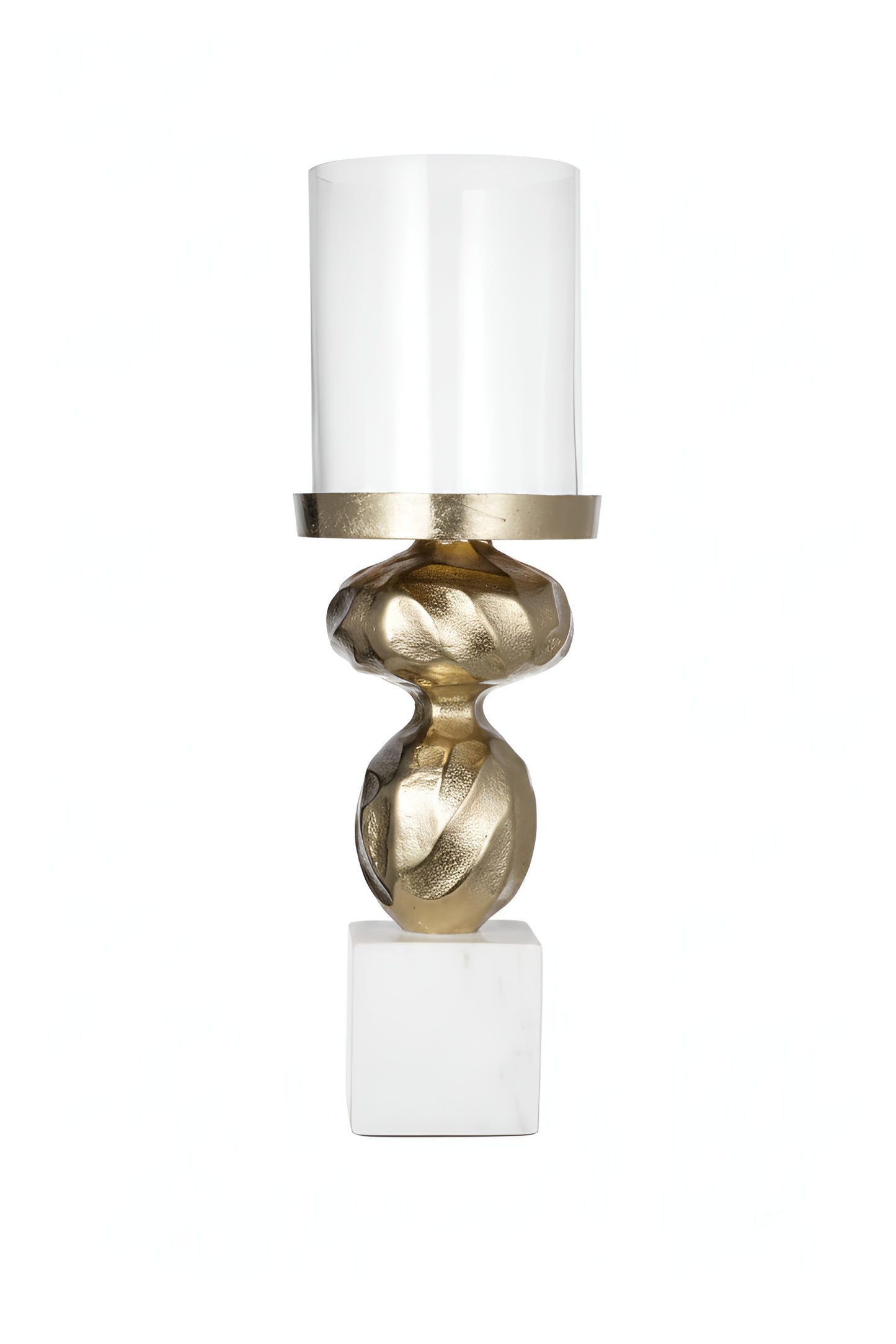 Brass twisted candle holder with glass shade on square marble base, white background