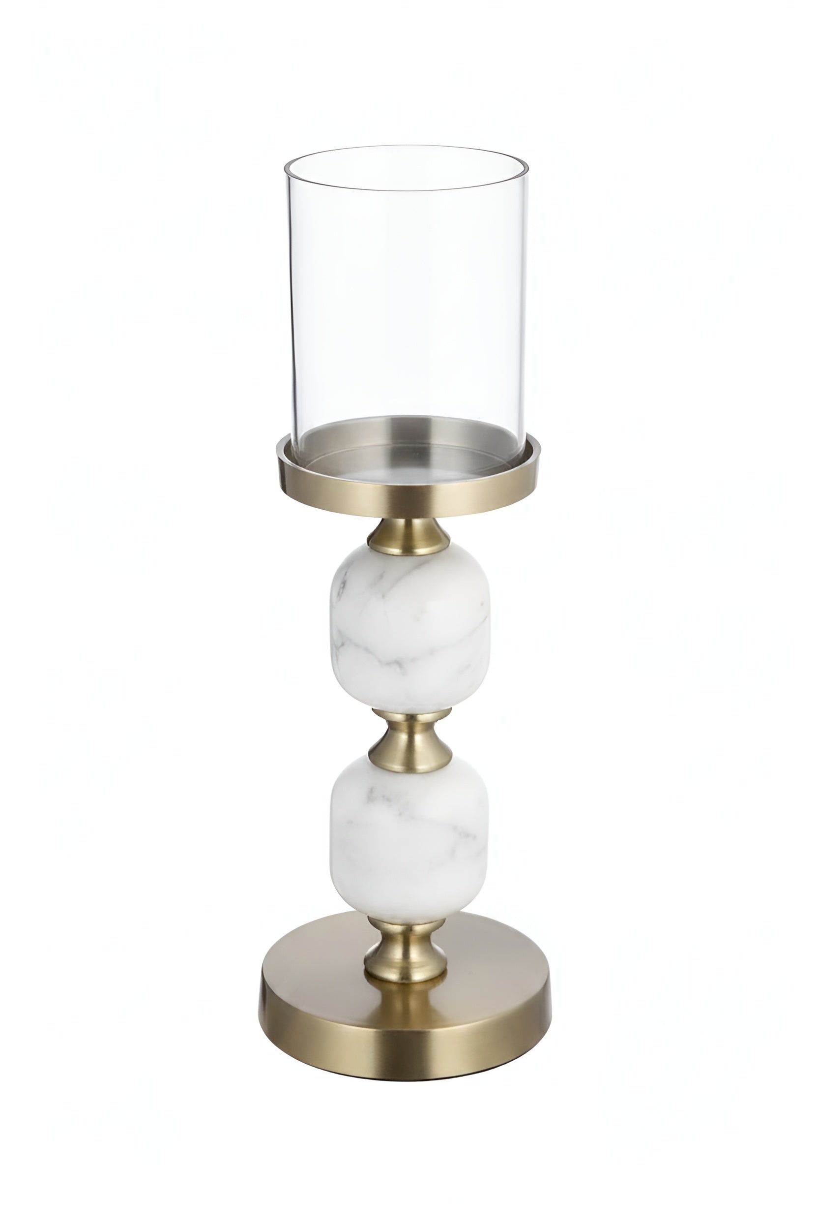 Marble and brass candle holder with glass hurricane cover on white background