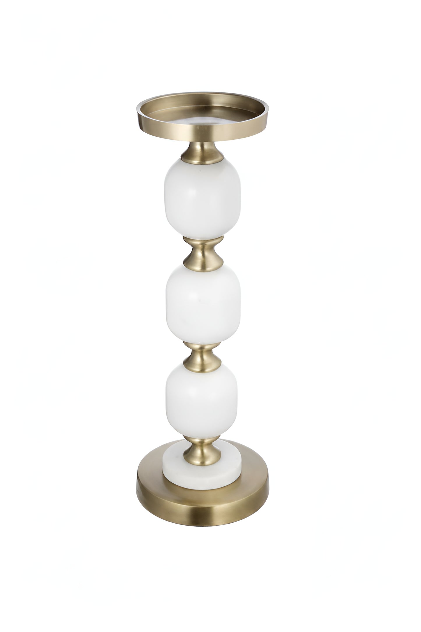 Marble and brass candle holder with stacked white spherical beads on white background