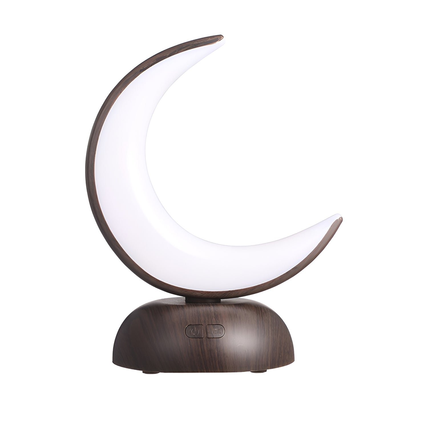 Crescent moon-shaped aromatherapy lamp with wooden base on white background
