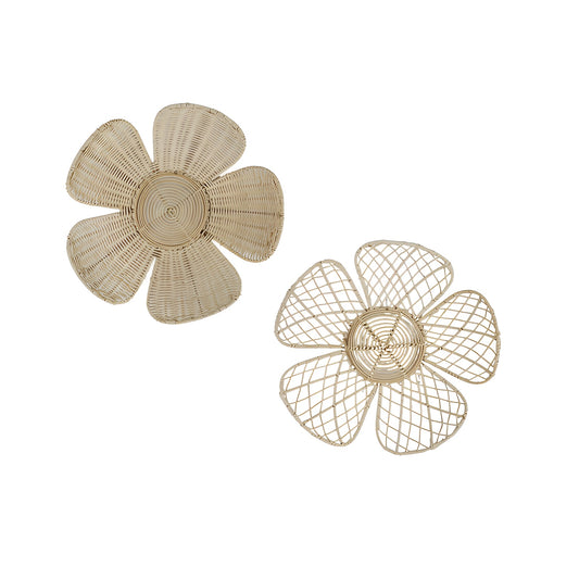 Two woven rattan flower wall hangings in natural beige on white background